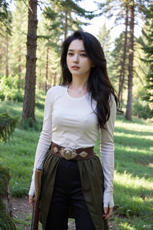 1girl, medieval, warrior, beautiful, black hair, long hair, (18yo), determined expression, wearing armor, sword on belt, standing in forest, sunlight filtering through trees, green leaves, brown bark, moss on ground, peaceful atmosphere, realistic style, best quality, masterpiece.