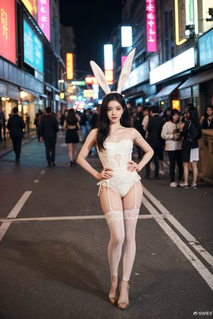 1girl, black hair, bunny girl costume, standing, full body, street background, cityscape, night time, neon signs, (sexy:0.8), beautiful, detailed eyes, playful pose, high heels, lacey stockings, (bunny ears:1.2), (tail:1.2), urban atmosphere, vibrant colors, (cinematic composition:1.3), wide-angle lens, best quality, masterpiece