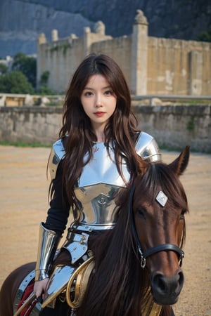 1girl, medieval armor, beautiful, black hair, long hair, detailed eyes, (17yo), elegant, standing pose, castle background, stone walls, torches, knights, horses, (ancient atmosphere:1.2), depth of field, realistic, ambient light, (cinematic composition:1.3), HDR, Accent Lighting, wide-angle lens, best quality, masterpiece