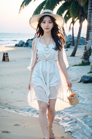 1girl, beautiful, walking on the beach, long hair, summer dress, flip flops, seashell necklace, sun hat, sunset background, sand, waves, seagulls, palm trees, clear sky, warm colors, (golden hour light:1.2), realistic, ambient light, wide-angle lens, best quality, masterpiece.