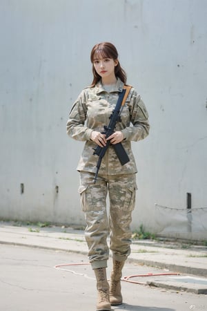 1girl, soldier, black hair, hiding behind cover, (20yo), determined expression, combat uniform, (camouflage pattern:1.2), holding rifle, (ammunition belt:0.9), military boots, (helmet with camouflage paint:1.1), eyes focused on distance, urban warfare background, ruined buildings, smoke, (rubble:0.8), (concrete walls:1.3), dim light, (explosion in distance:0.7), realistic style, (depth of field:1.4), ambient dust and debris, high-quality resolution, cinematic composition, best quality, masterpiece.
