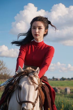 1girl, young lady, solo, (20yo), cute, detailed eyes, black hair, long hair, (ponytail:1.2), riding a horse, equestrian, traditional dress, red ribbon, looking forward, fields, countryside, sunny day, blue sky, white clouds, beautifully detailed background, depth of field, realistic, ambient light, (cinematic composition:1.3), HDR, Accent Lighting, wide-angle lens, best quality, masterpiece.