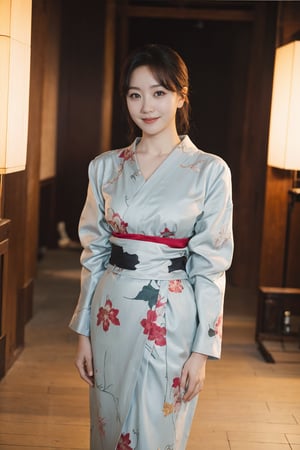 1girl, black hair, full body, standing, smiling, detailed eyes, (black hair:1.3), (kimono:1.2), (smiling:1.1), beautiful, elegant, peaceful expression, natural light, serene background, traditional Japanese setting, realistic, depth of field, ambient light, wide-angle lens, best quality, masterpiece