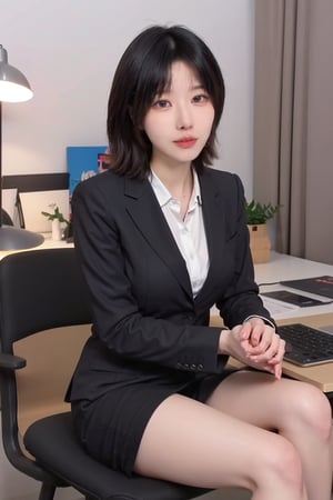 1girl, office lady, solo, (20yo), beautiful, detailed eyes, black hair, long hair, professional attire, suit jacket, pencil skirt, high heels, sitting at desk, computer on desk, office environment, modern interior, window view, sunlight, beautifully detailed background, depth of field, realistic, ambient light, (cinematic composition:1.3), HDR, Accent Lighting, wide-angle lens, best quality, masterpiece