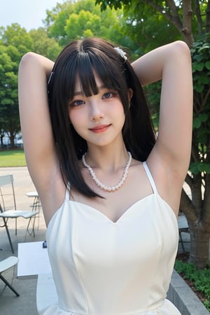 1girl, black hair, smiling, wedding dress, half body shot, (18yo),(arms behind head:1.2),  beautiful, detailed eyes, white dress, lace details, pearl necklace, delicate makeup, natural light, outdoor setting, greenery background, peaceful expression, best quality, masterpiece.