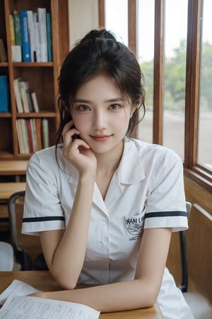 1girl, black hair, school, classroom, smiling, (20yo), beautiful detailed eyes, casual school uniform, sitting at desk, books, pencils, looking at viewer, natural light, detailed background, depth of field, realistic, ambient light, cinematic composition, best quality, masterpiece.