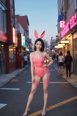 1girl, black hair, bunny girl costume, standing, full body, street background, cityscape, night time, neon signs, (sexy:0.8), beautiful, detailed eyes, playful pose, high heels, lacey stockings, (bunny ears:1.2), (tail:1.2), urban atmosphere, vibrant colors, (cinematic composition:1.3), wide-angle lens, best quality, masterpiece