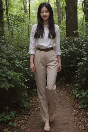 1girl, black hair, long hair, (smiling:1.2), forest, walking, full body shot, green trees, sunlight filtering through leaves, peaceful expression, casual attire, natural scenery, realistic style, best quality, masterpiece.