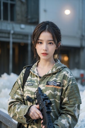 1girl, black hair, beautiful, detailed eyes, (18yo), determined expression, combat uniform, camouflage pattern, holding a rifle, firing pose, battlefield background, smoke, explosions in distance, ruined buildings, (moonlight:1.2), realistic, dynamic lighting, high-contrast, depth of field, (cinematic composition:1.3), gritty textures, wide-angle lens, best quality, masterpiece.