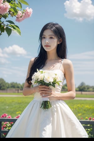 1girl, young woman,(25yo), black hair, long hair, detailed face, white wedding dress, holding a bouquet of roses, standing in a garden, smiling at the viewer, blooming flowers around, green grass, blue sky with fluffy clouds, realistic, ambient light, depth of field, (cinematic composition:1.3), soft focus on the subject, HDR, Accent Lighting, wide-angle lens, best quality, masterpiece