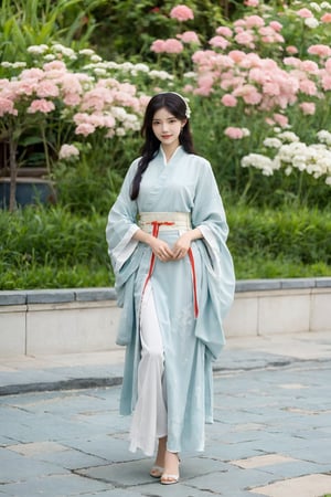 1girl, black hair, full body, standing, Hanfu, smiling, detailed eyes, traditional Chinese clothing, delicate patterns, silk fabric, (red ribbon:1.2), (jade pendant:0.9), ancient China, serene expression, gentle breeze, cherry blossoms, courtyard, stone path, (sunny weather:0.8), soft light, peaceful atmosphere, high definition, best quality, masterpiece.