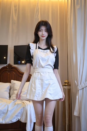 1girl, black hair, maid costume, ultra-short skirt, sexy, standing pose, full body shot, bedroom setting, smiling, (detailed eyes:1.2), (cute:1.1), flirty expression, lace trims, white apron, high socks, soft lighting, intimate atmosphere, best quality, masterpiece.