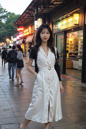 1girl, model, standing, display window, (black hair:1.2), long hair, detailed eyes, beautiful, looking at viewer, fashionable outfit, high heels, elegant pose, urban setting, shopping street, passersby, daytime, sunny, realistic, depth of field, ambient light, (cinematic composition:1.3), HDR, Accent Lighting, wide-angle lens, best quality, masterpiece