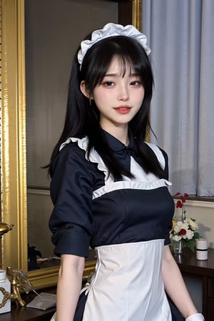 1girl, black haired young girl, (half body shot), maid outfit, smiling, portrait, best quality,masterpiece