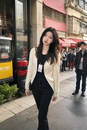 1girl, secret agent, black hair, long hair, (20yo), beautiful, detailed eyes, serious expression, black suit, black trousers, walking, city street, daytime, overcast sky, detailed background, realistic style, depth of field, ambient light, (cinematic composition:1.3), HDR, Accent Lighting, wide-angle lens, best quality, masterpiece.