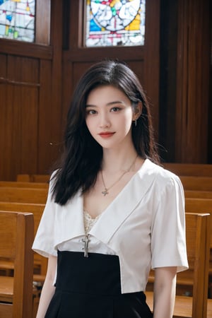 1girl, black hair, long hair, nun uniform, standing, church background, smiling, detailed eyes, (16yo), white habit, (cross necklace:1.2), soft lighting, stained glass windows, pews, altar in distance, high ceilings, peaceful atmosphere, depth of field, realistic, (cinematic composition:1.3), HDR, Accent Lighting, wide-angle lens, best quality, masterpiece.