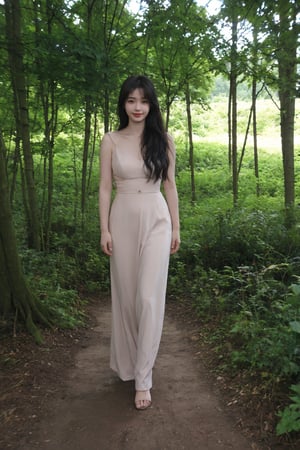 1girl, black hair, long hair, (smiling:1.2), forest, walking, full body shot, green trees, sunlight filtering through leaves, peaceful expression, casual attire, natural scenery, realistic style, best quality, masterpiece.