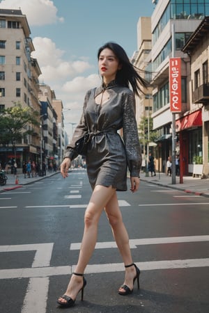 1girl, model, black hair, solo, fashionable clothes, walking on street, urban setting, daytime, sunny, detailed facial expressions, confident posture, stylish outfit, high heels, dynamic motion, cityscape background, modern architecture, pedestrians in distance, vivid colors, (cinematic composition:1.2), soft lighting, depth of field, wide-angle lens, best quality, masterpiece