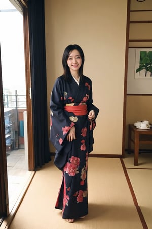 1girl, black hair, full body, standing, smiling, detailed eyes, (black hair:1.3), (kimono:1.2), (smiling:1.1), beautiful, elegant, peaceful expression, natural light, serene background, traditional Japanese setting, realistic, depth of field, ambient light, wide-angle lens, best quality, masterpiece