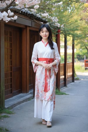 1girl, black hair, full body, standing, Hanfu, smiling, detailed eyes, traditional Chinese clothing, delicate patterns, silk fabric, (red ribbon:1.2), (jade pendant:0.9), ancient China, serene expression, gentle breeze, cherry blossoms, courtyard, stone path, (sunny weather:0.8), soft light, peaceful atmosphere, high definition, best quality, masterpiece.