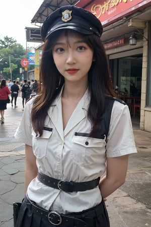 1girl, police officer, beautiful, black hair, long hair, detailed eyes, determined expression, patrolling, street, daytime, urban setting, uniform, hat, utility belt, handcuffs, baton, (20yo:0.8),sunlight, realistic, ambient light, depth of field, cinematic composition, wide-angle lens, best quality, masterpiece