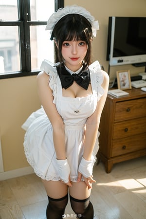 1girl, black hair, maid costume, ultra-short skirt, sexy, standing pose, full body shot, bedroom setting, smiling, (detailed eyes:1.2), (cute:1.1), flirty expression, lace trims, white apron, high socks, soft lighting, intimate atmosphere, best quality, masterpiece.