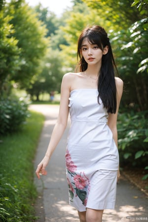 1girl, beautiful, solo, (17yo), stunning black hair, long hair, detailed eyes, walking in forest, green trees, sunlight filtering through leaves, colorful wildflowers, peaceful atmosphere, serene expression, flowy summer dress, barefoot, natural makeup, surrounded by nature, vibrant colors, depth of field, realistic, ambient light, (cinematic composition:1.2), wide-angle lens, best quality, masterpiece.