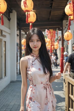 1girl, black hair, long hair, standing, full-body shot, smiling, Cheongsam (Chinese style dress), elegant, detailed eyes, blush on the cheeks, traditional Chinese architecture background, lanterns, red and gold colors, depth of field, realistic, soft light, cinematic composition:1.3, best quality, masterpiece