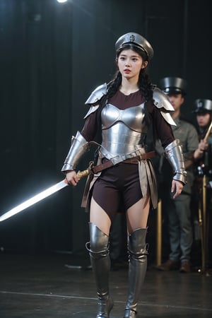 1girl, black hair, young, general, standing, full body, armor, sword, battlefield background, (captain's hat:1.2), (determined expression:1.3), (fierce gaze:1.4), medieval era, realistic, ambient light, cinematic composition, wide-angle lens, best quality, masterpiece.