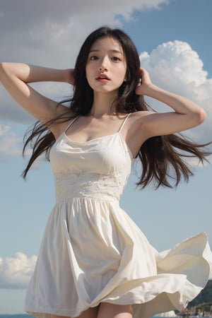 1girl, black hair, falling from the sky, dynamic motion, long flowing hair, mid-air, detailed eyes, light blush, white dress, arms spread, fantasy background, clouds, sky, wind effect on hair and dress, high detail, depth of field, realistic, ambient light, (cinematic composition:1.3), wide-angle lens, best quality, masterpiece.