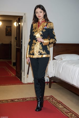 1girl, black hair, young, military general, full-body portrait, detailed uniform, (golden embroidery:1.2), epaulettes, (rank insignia:1.3), sharp eyes, determined expression, standing posture, holding a sword, (sword details:1.1), leather boots, (boot details:1.05), background suggestive of a war room, maps, strategy papers, dim lighting, realistic, depth of field, (cinematic composition:1.3), high resolution, best quality, masterpiece.