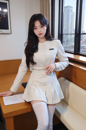 1girl, office lady, solo, (20yo), beautiful, detailed eyes, black hair, long hair, business suit, white shirt, black skirt, high heels, thighhighs, office, desk, computer, documents, window view, cityscape, beautifully detailed background, depth of field, realistic, ambient light, (cinematic composition:1.3), HDR, Accent Lighting, wide-angle lens, best quality, masterpiece