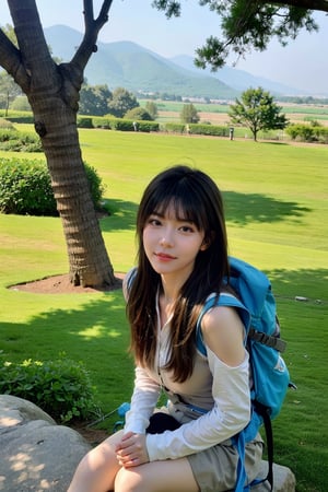 1girl, mountain climbing, beautiful, black hair, long hair, athletic, determined, nature, rocky terrain, (mountain peak:1.3), clear sky, sunlight, trees, (vivid colors:1.2), detailed expressions, dynamic pose, (rope:0.9), (carabiner:0.9), hiking boots, backpack, outdoor adventure, serene atmosphere, depth of field, realistic, ambient light, wide-angle lens, best quality, masterpiece.