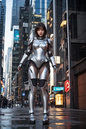 提示词参考：1 girl, black hair, full body shot, modern mecha suit, high-tech, futuristic design, exoskeleton, detailed armor plating, LED lights, dynamic pose, (energy weapon:1.0), cybernetic enhancements, (glowing circuits:0.8), battle-ready stance, cityscape background, neon signs, nighttime, (reflections on armor:1.3), (smoke effect:0.7), cinematic composition, depth of field, realistic textures, ambient light, HDR, Accent Lighting, wide-angle lens, best quality, masterpiece.