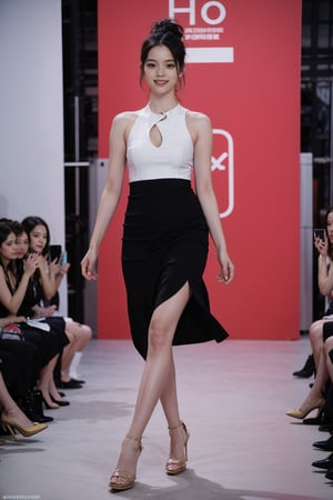 1girl, black hair, teenager, fashion model, smiling, full-body shot, runway, high heels, stylish outfit, (glowing skin:1.2), vibrant makeup, (eye contact with viewer:1.3), dynamic pose, spotlight on model, audience in background, blurred, fashion show atmosphere, elegant, (catwalk:1.0), best quality, masterpiece.