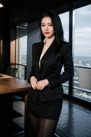 1girl, black hair, office setting, work uniform, standing pose, stockings, high heels, hands behind back, smiling, (young:1.2), elegant, professional, modern office interior, desk, computer, files, windows with city view, soft indoor lighting, depth of field, realistic style, (cinematic composition:1.3), best quality, masterpiece.