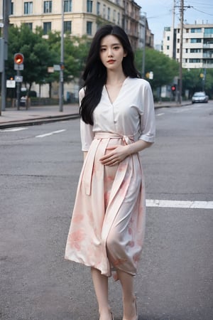 1girl, black hair, pregnant, standing, street, full body shot, (20yo), beautiful, detailed eyes, light blush, simple dress, flat shoes, holding belly, sunny day, urban background, realistic, ambient light, (cinematic composition:1.3), wide-angle lens, best quality, masterpiece