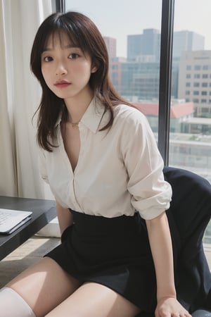 1girl, office lady, solo, (20yo), beautiful, detailed eyes, black hair, long hair, business suit, white shirt, black skirt, high heels, thighhighs, office, desk, computer, documents, window view, cityscape, beautifully detailed background, depth of field, realistic, ambient light, (cinematic composition:1.3), HDR, Accent Lighting, wide-angle lens, best quality, masterpiece