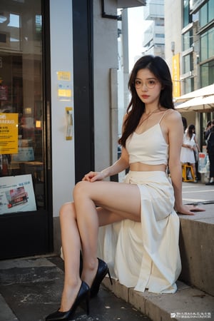 1girl, model, standing, display window, glasses,(black hair:1.2), long hair, detailed eyes, beautiful, looking at viewer, fashionable outfit, high heels, elegant pose, urban setting, shopping street, passersby, daytime, sunny, realistic, depth of field, ambient light, (cinematic composition:1.3), HDR, Accent Lighting, wide-angle lens, best quality, masterpiece