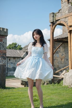 1girl, medieval, black hair, young lady, relaxed expression, detailed eyes, long hair, casual dress, (medieval dress:1.2), natural makeup, standing pose, grassy field, castle in the distance, sunny day, blue sky, fluffy white clouds, beautifully detailed background, depth of field, realistic, ambient light, (cinematic composition:1.3), HDR, Accent Lighting, wide-angle lens, best quality, masterpiece.