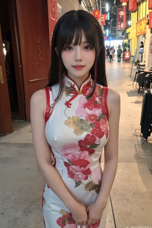 1girl, black hair, long hair, standing, full-body shot, smiling, Cheongsam (Chinese style dress), elegant, detailed eyes, blush on the cheeks, traditional Chinese architecture background, lanterns, red and gold colors, depth of field, realistic, soft light, cinematic composition:1.3, best quality, masterpiece