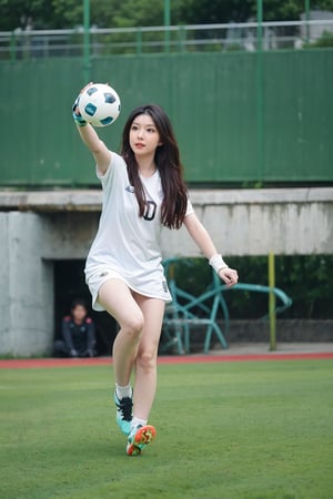 1girl, beautiful, black hair, long hair, detailed eyes, athletic, goalkeeper, soccer field, flying posture, (catching the ball:1.3), green grass, white goalposts, net, blue sky, sunny, dynamic pose, sportswear, gloves, cleats, action-packed, depth of field, realistic, ambient light, wide-angle lens, best quality, masterpiece.