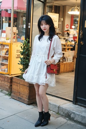 1girl, model, standing, display window, (black hair:1.2), long hair, detailed eyes, beautiful, looking at viewer, fashionable outfit, high heels, elegant pose, urban setting, shopping street, passersby, daytime, sunny, realistic, depth of field, ambient light, (cinematic composition:1.3), HDR, Accent Lighting, wide-angle lens, best quality, masterpiece