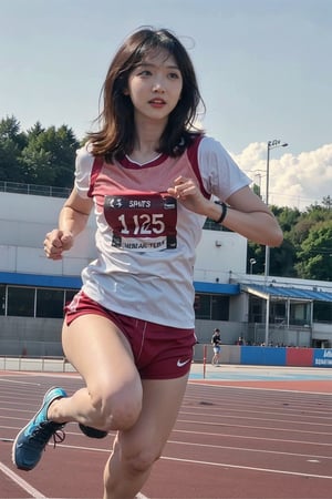 1girl, black hair, beautiful, marathon runner, competition, athletic outfit, running shoes, dynamic pose, sweating, (track and field:1.3), sports track, clear sky, daytime, vibrant atmosphere, realistic style, wide-angle lens, best quality, masterpiece