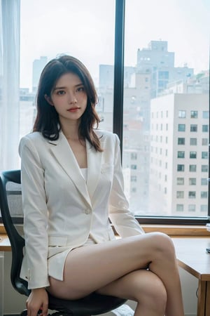 1girl, office lady, solo, (20yo), beautiful, detailed eyes, black hair, long hair, professional attire, suit jacket, pencil skirt, high heels, sitting at desk, computer on desk, office environment, modern interior, window view, sunlight, beautifully detailed background, depth of field, realistic, ambient light, (cinematic composition:1.3), HDR, Accent Lighting, wide-angle lens, best quality, masterpiece