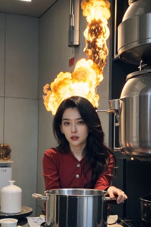 1girl, black hair, young, (20yo), in a pot, being cooked, (steam:1.2), boiling water, hot steam, detailed facial expression, panic, wide-eyed, (red face:1.3), dynamic pose, (bubbles:1.0), kitchen background, stainless steel pot, (flames under pot:1.1), intense heat, (food cooking sounds:0.8), surreal scene, high contrast lighting, sharp details, (cinematic composition:1.3), best quality, masterpiece.