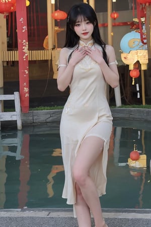 1girl, black hair, long hair, standing, full-body shot, smiling, Cheongsam (Chinese style dress), elegant, detailed eyes, blush on the cheeks, traditional Chinese architecture background, lanterns, red and gold colors, depth of field, realistic, soft light, cinematic composition:1.3, best quality, masterpiece