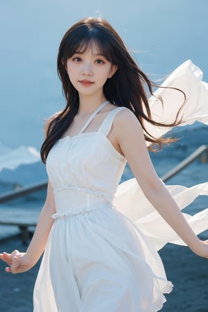 1girl, black hair, falling from the sky, dynamic motion, long flowing hair, mid-air, detailed eyes, light blush, white dress, arms spread, fantasy background, clouds, sky, wind effect on hair and dress, high detail, depth of field, realistic, ambient light, (cinematic composition:1.3), wide-angle lens, best quality, masterpiece.