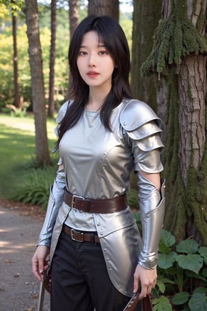 1girl, medieval, warrior, beautiful, black hair, long hair, (18yo), determined expression, wearing armor, sword on belt, standing in forest, sunlight filtering through trees, green leaves, brown bark, moss on ground, peaceful atmosphere, realistic style, best quality, masterpiece.