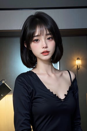 1girl, black haired young woman, half-body portrait, (teen), sexy, beautiful detailed face, black shirt, expressionless, high resolution texture, realistic skin, ambient lighting, (cinematic composition:1.3), best quality, masterpiece